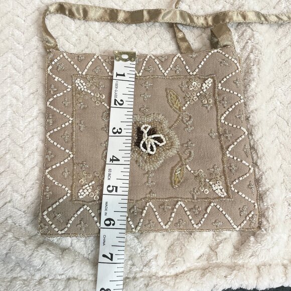 Cottage Core Tan Small Beaded Cloth Bag Boho Chic EuroSummer - Picture 6 of 8